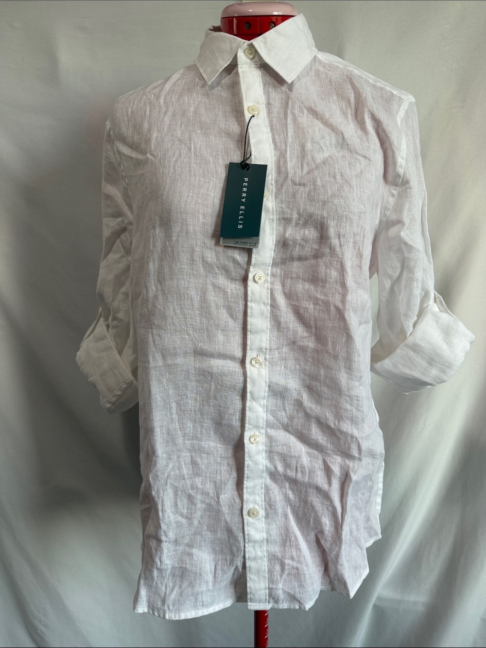 Perry Ellis White Linen Casual Button-Down Shirt